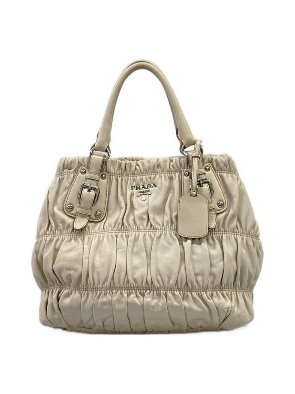 Prada Handbag Gathered Bag Light Gray Leather Tag